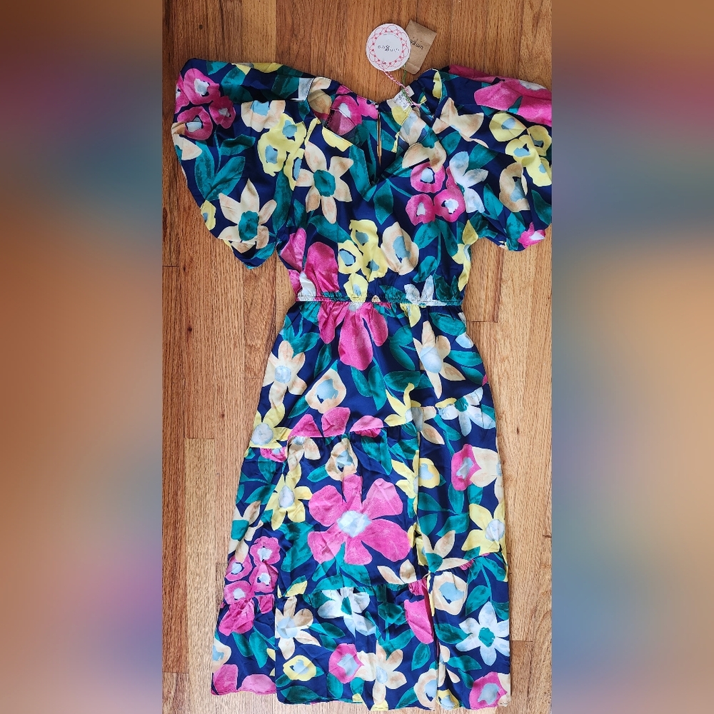 Umgee Full Size Tiered Floral Print Notched Puff Sleeve Midi Dress Size SM